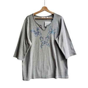 Quacker Factory Gray Rhinestone Butterfly Top, 3/4 Sleeves, Size 1X